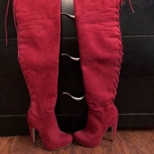 Red over the knee lace up boots